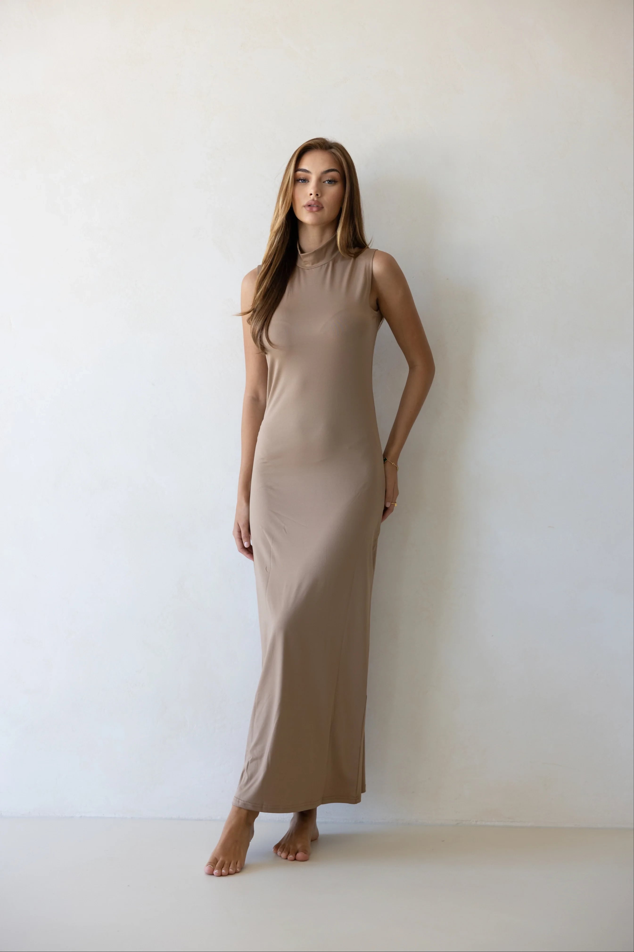 Luxe Sleeveless Slip Dress Latte ms 1