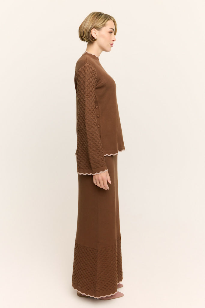 Camellia Scallop Knit Maxi Skirt Chocolate