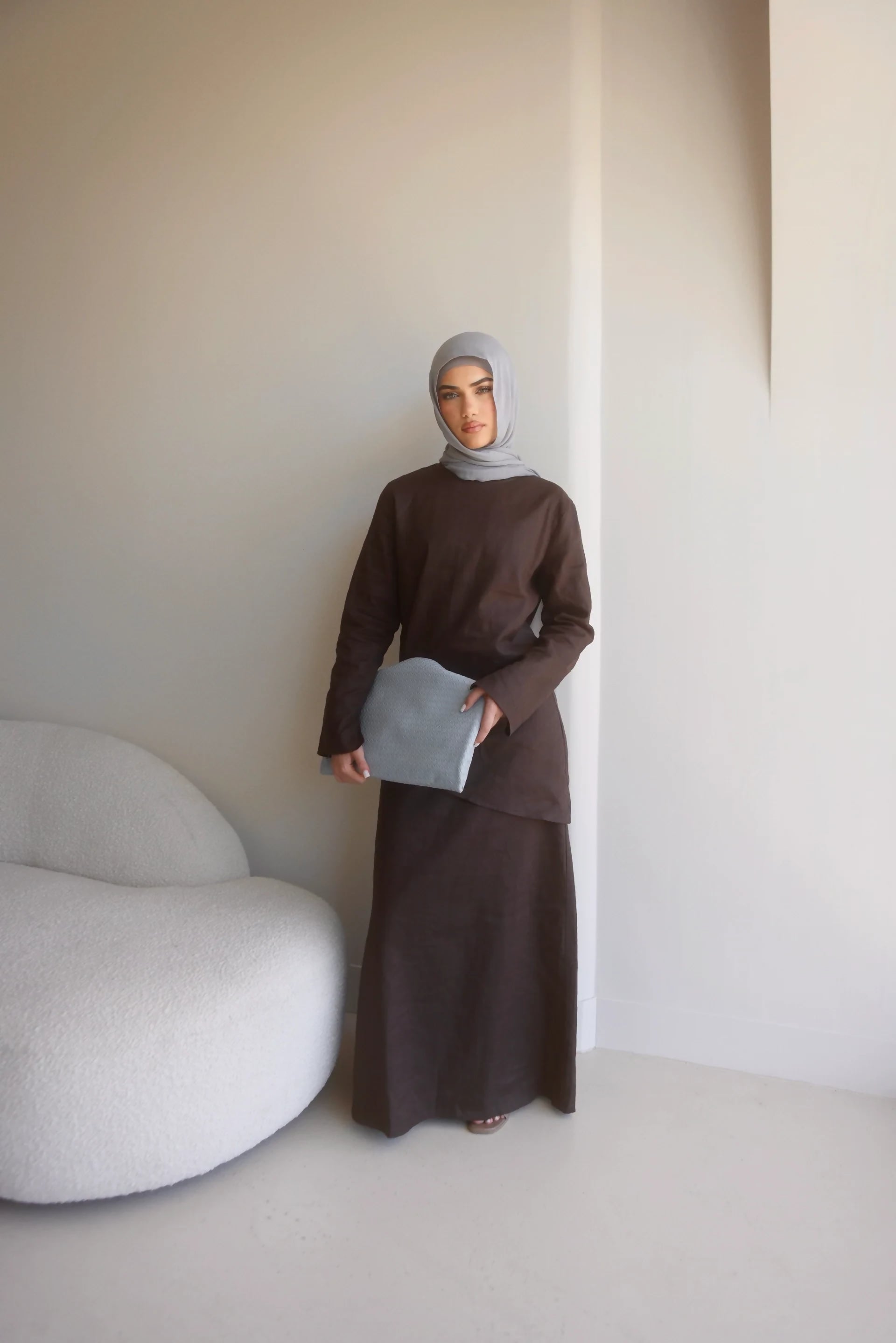 Asymmetrical Linen Skirt Set - Chocolate