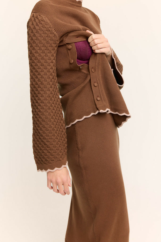 Jasmine Scallop Knit Nursing Sweater Chocolate
