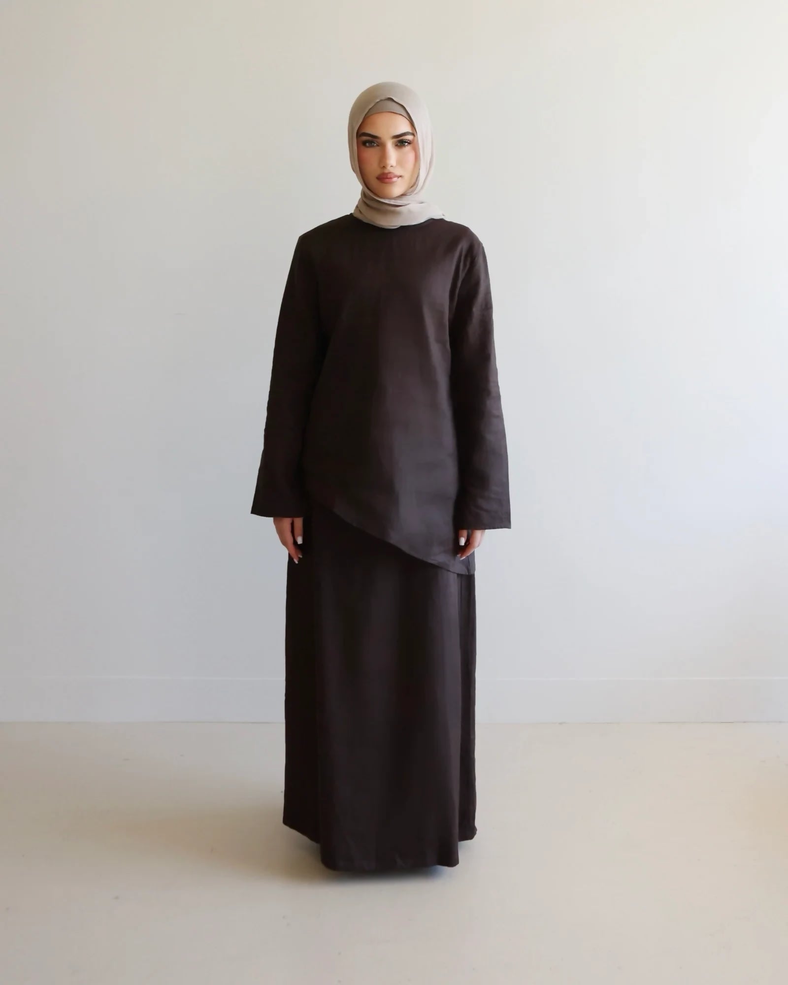 Asymmetrical Linen Skirt Set - Chocolate
