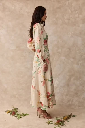 Juno Dress – Linen Maxi Shirt Dress Australis Print