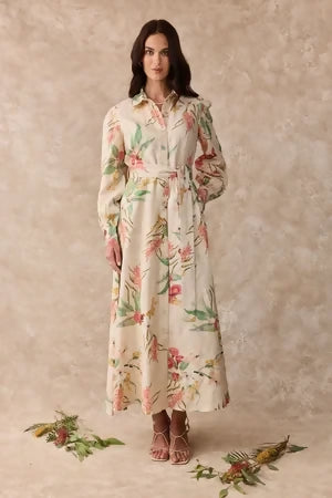 Juno Dress – Linen Maxi Shirt Dress Australis Print