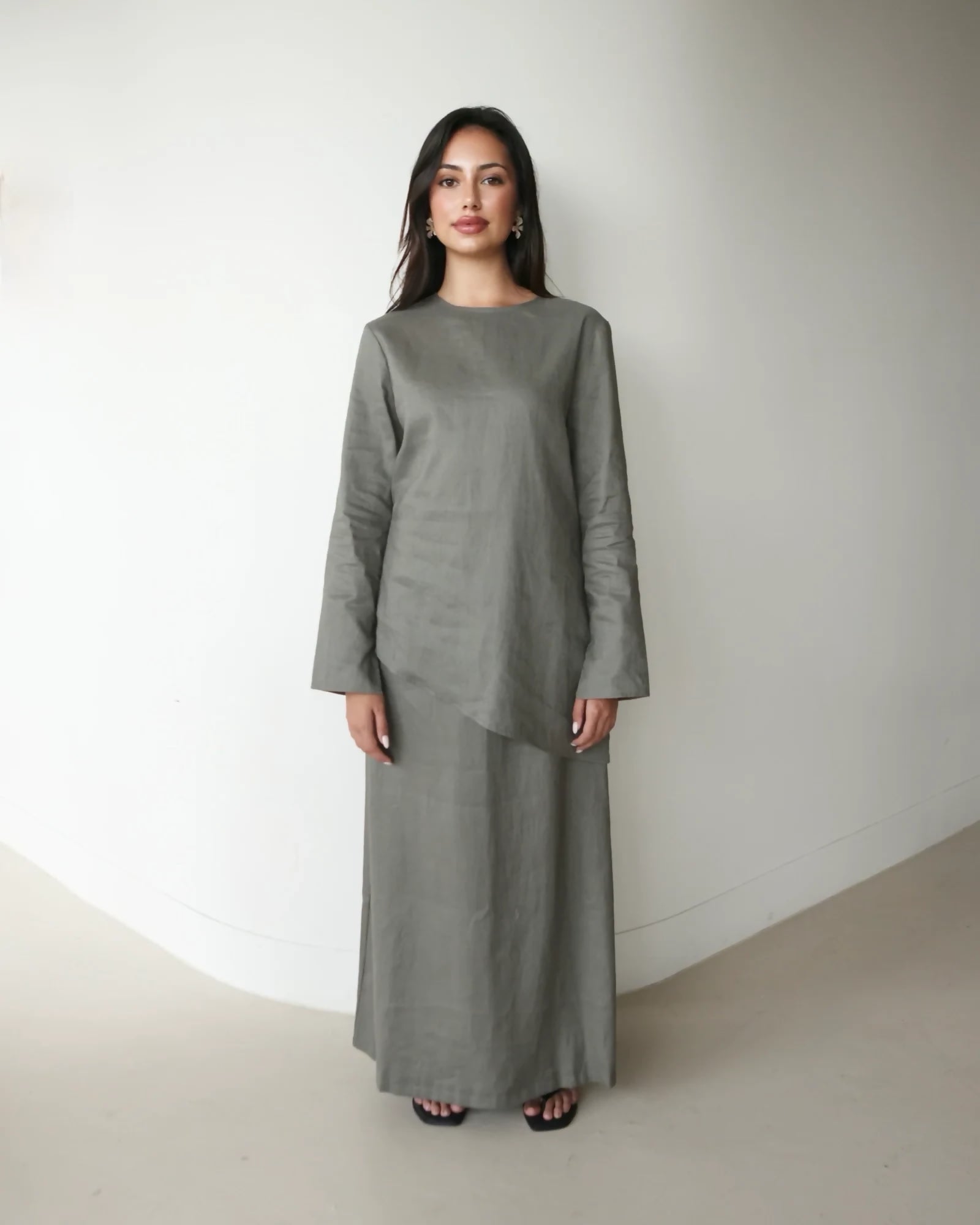 Asymmetrical Linen Skirt Set - Sage